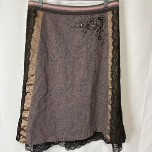 Anthropologie Elevenses Skirt Sz 10 Brown Tweed Pink Lace Trim Beaded Academia